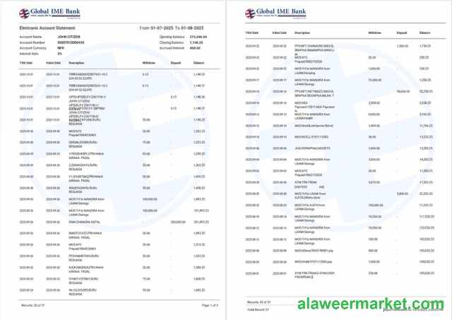 India Global Ime Bank account statement Word and PDF template, 2 pages